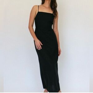 NWT The Workshop Black Linen Spaghetti Strap Dress M Lace up Back with Slit